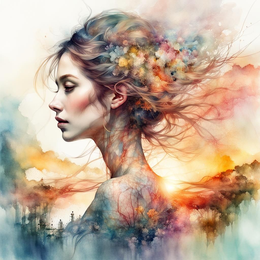 Summerscape Sunset: Digital Watercolor Double Exposure