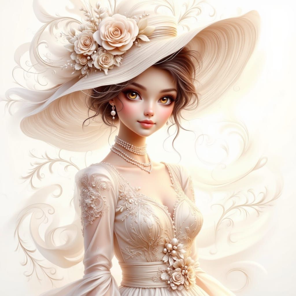 Elegant Woman in Floral White and Gold Dress