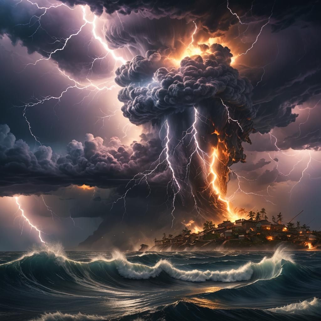 Ocean Tornado Lit by Lightning in Cinematic Style