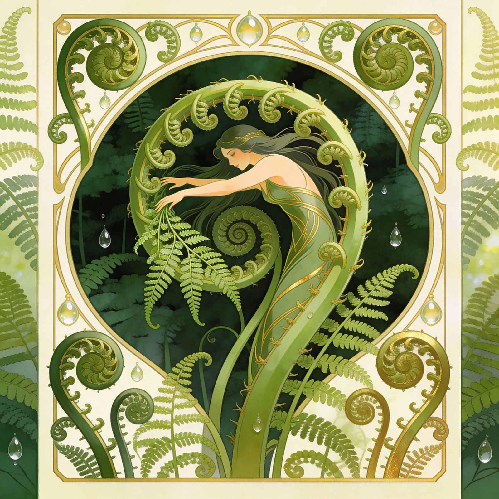 Woman Emerges From Giant Fern Frond in Art Nouveau Style