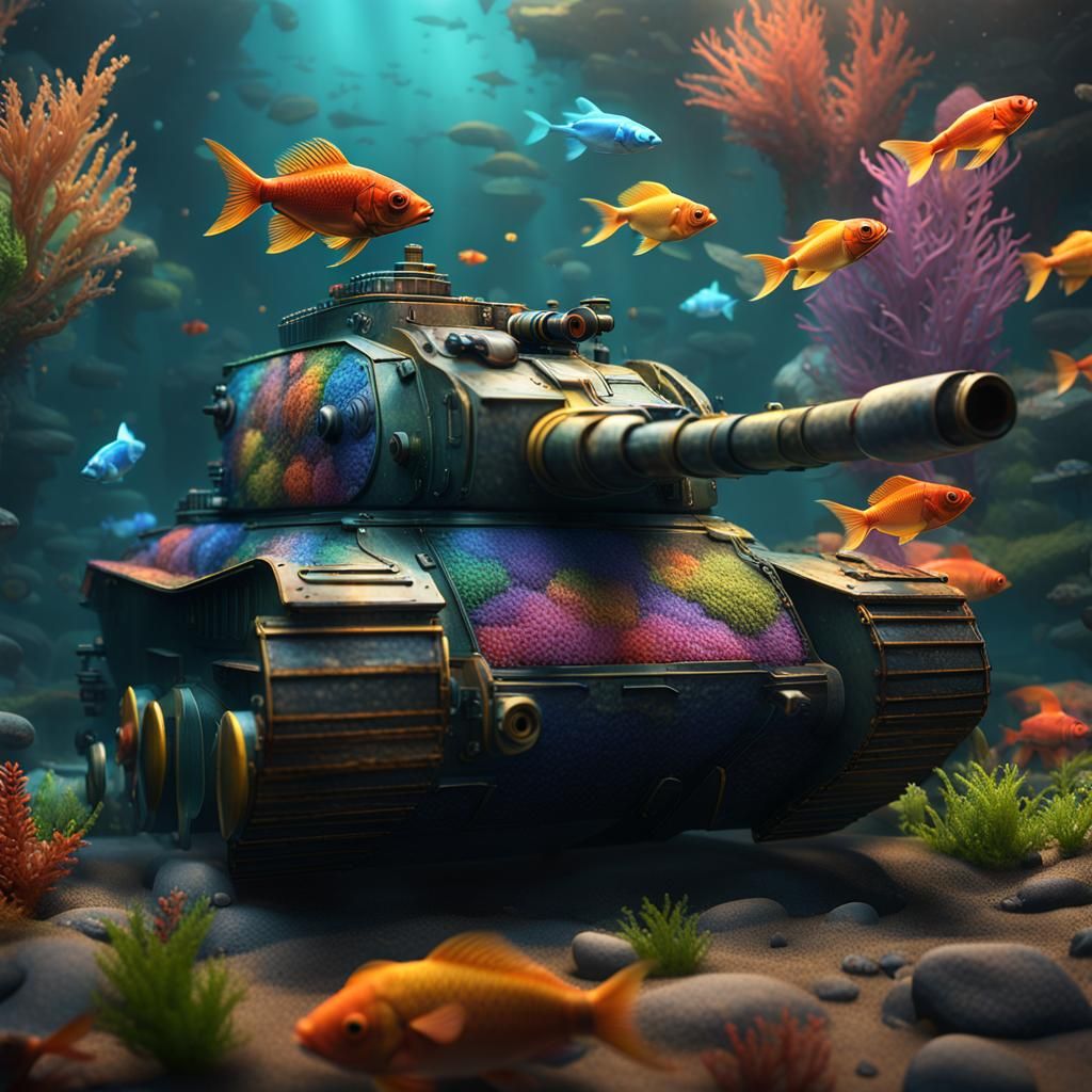 War Tank Aquarium: Hyperrealistic Multicolored Fish Fantasy