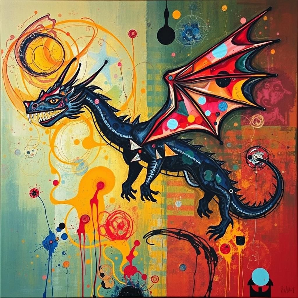 Abstract Expressionist Dragon in Fabric Batik Style