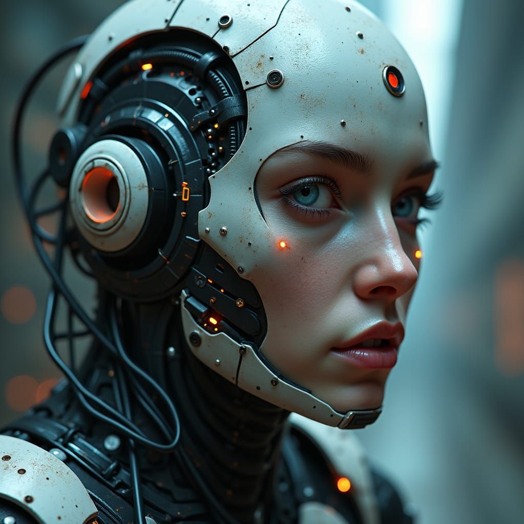 Detailed Cyborg Portrait in Sci-Fi Setting