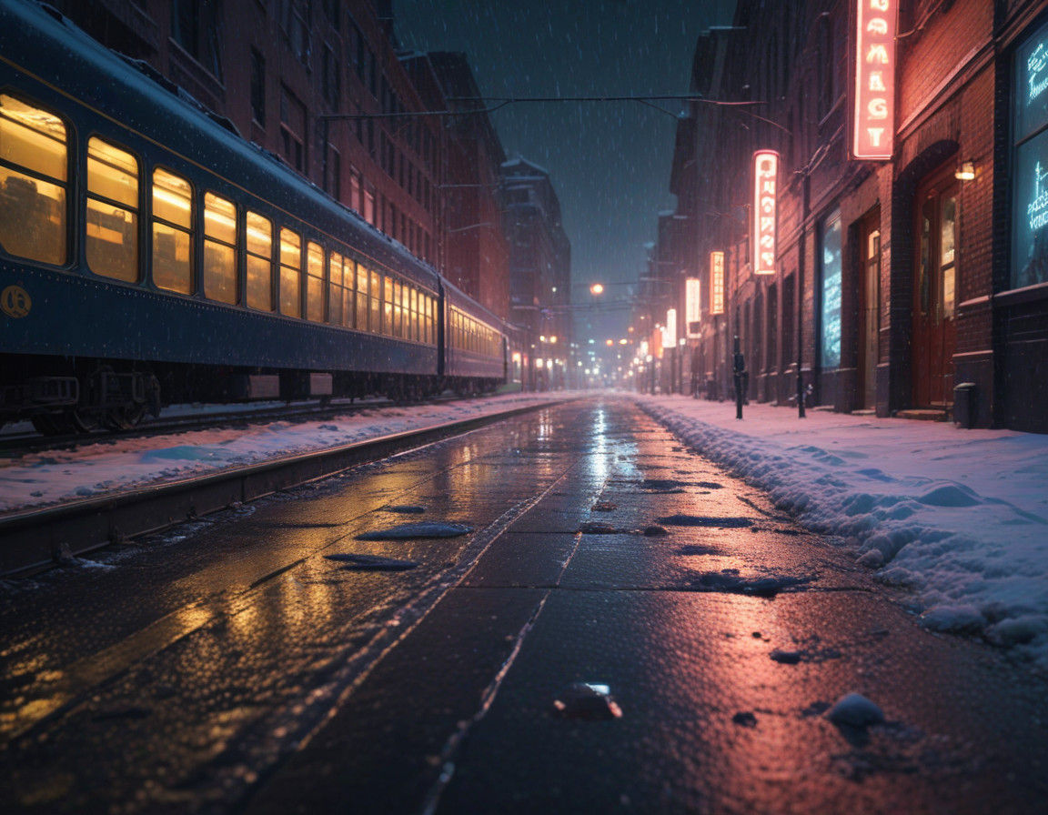 Art Deco Polar Express Train Speeds Through Snowy Cityscape