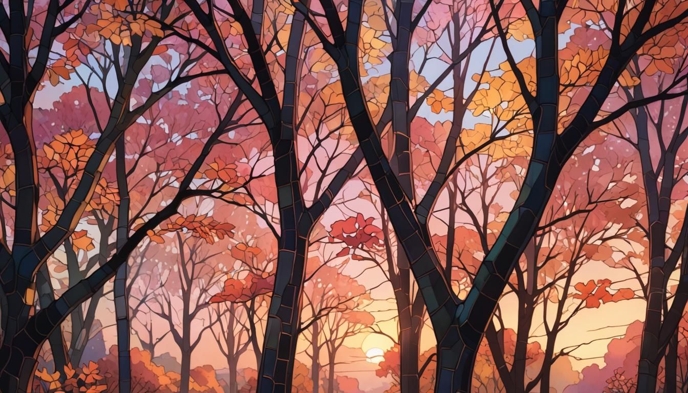 Stained Glass Anime Fall Scenery in Soft Morning Light
