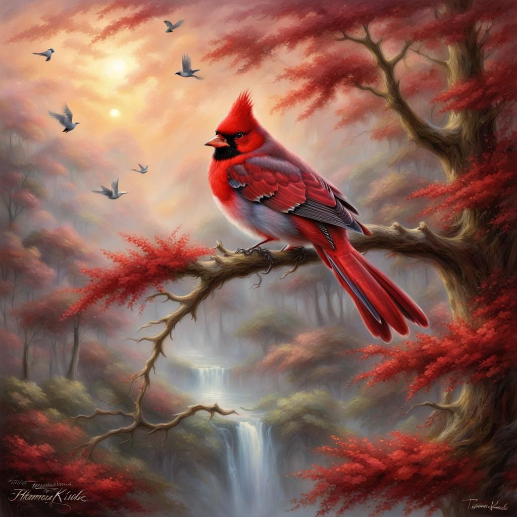 Ethereal Cardinal in Mystical Forest, Hyperdetailed