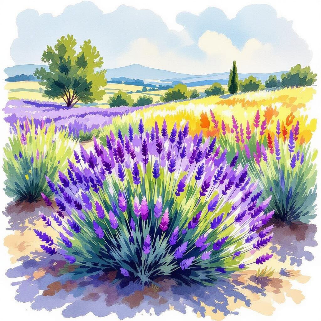 Vibrant Lavender Bush in Gouache Style Watercolor