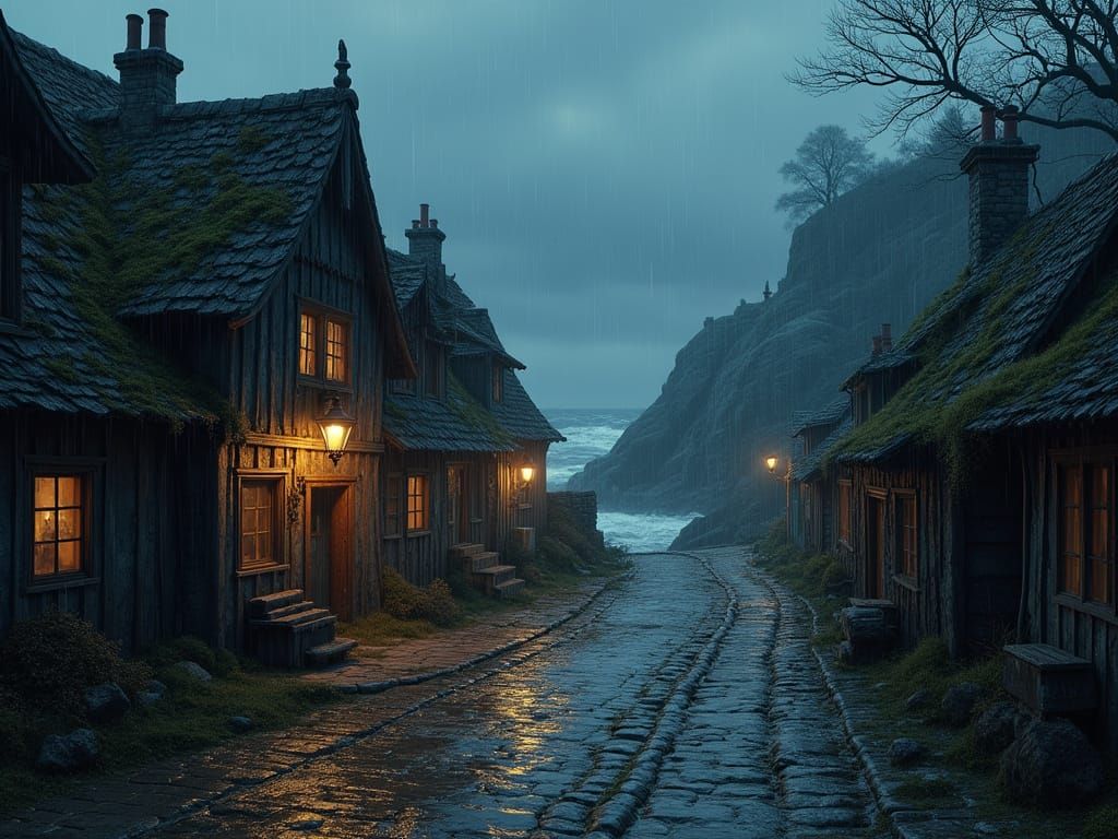 Medieval Fishing Village on Stormy Sea, Photorealistic Scene