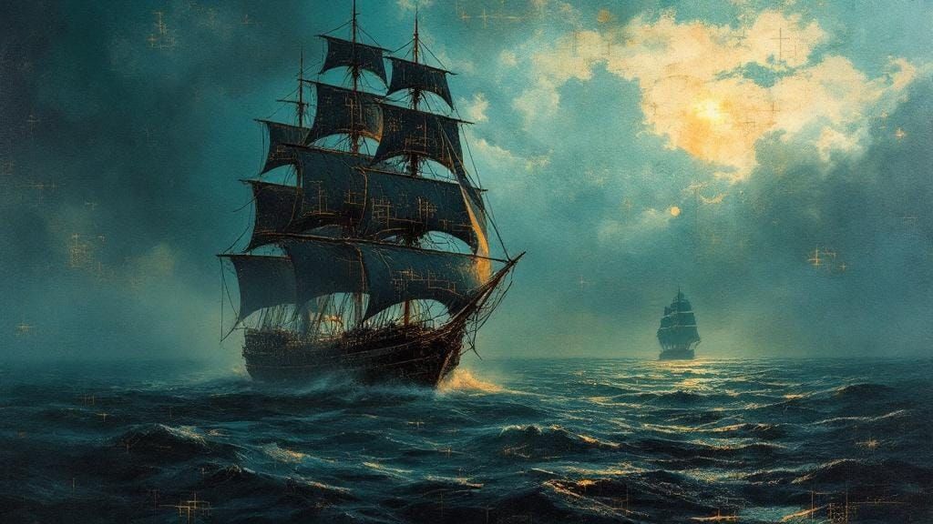 Sailing Ship Silhouette in Mixed-Media Collage Style