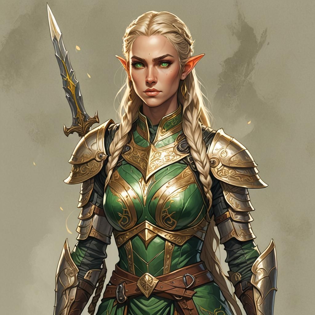 Golden Elf Paladin with Glaive, Fantasy Art