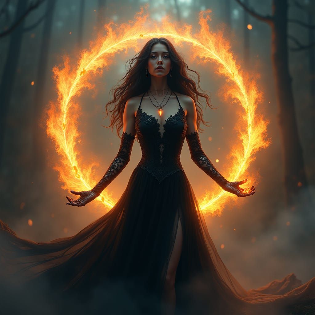 Fiery Witch Summoning Magic in Digital Fantasy Art