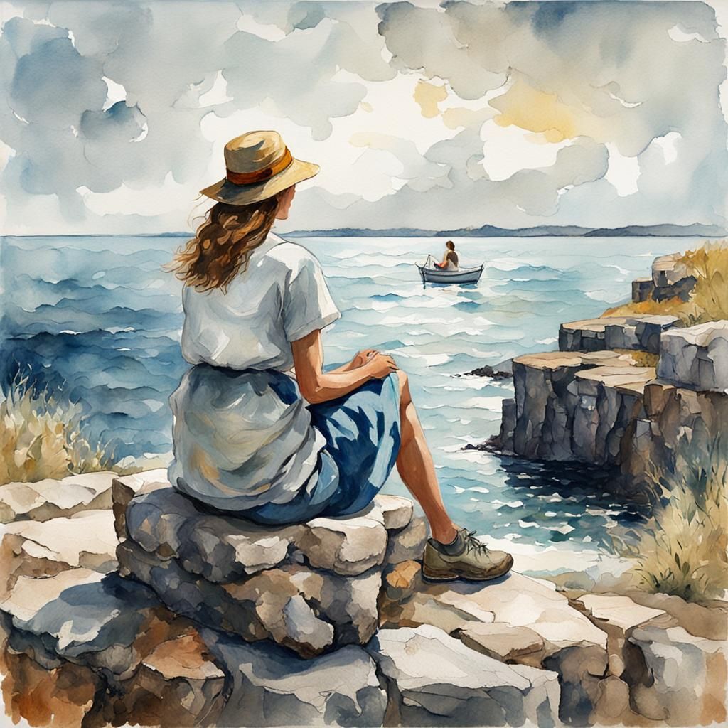 Woman Gazing at Sea: Gouache Impressionist Masterpiece