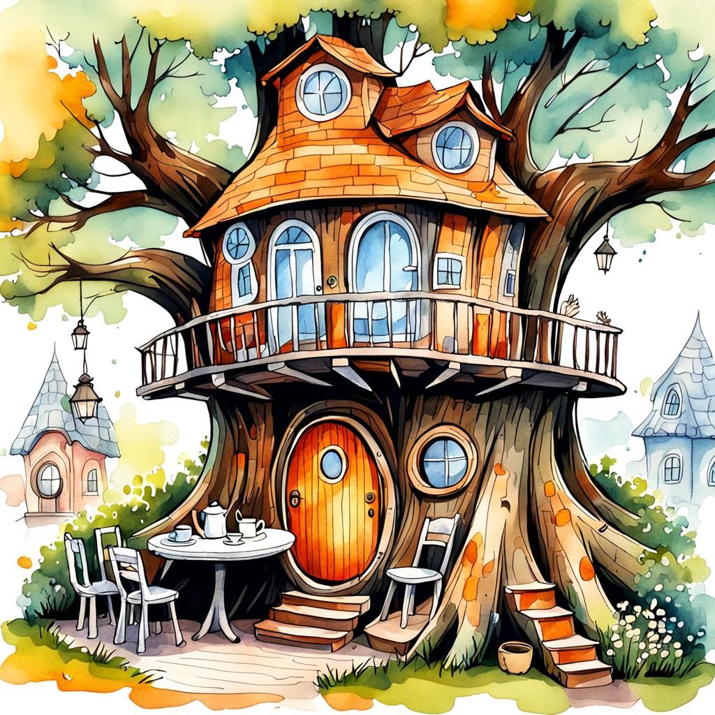 Fabulous Tree Trunk House: Digital Watercolor Sketch