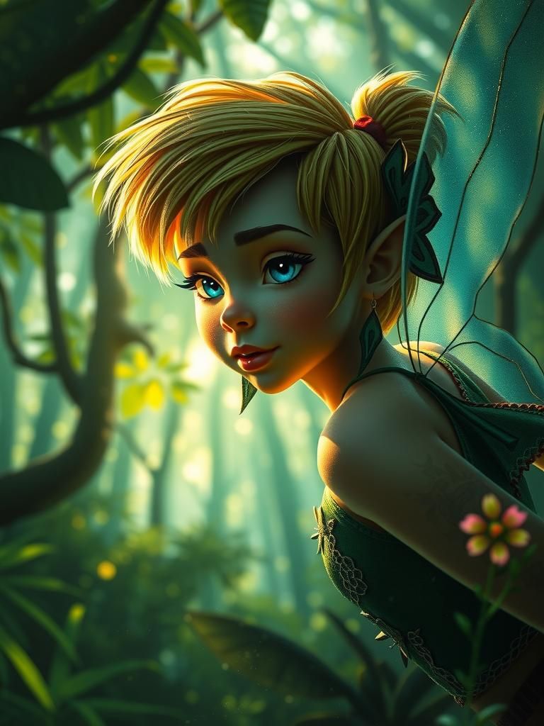 Tinkerbell Portrait in Neverland Forest, Digital Art