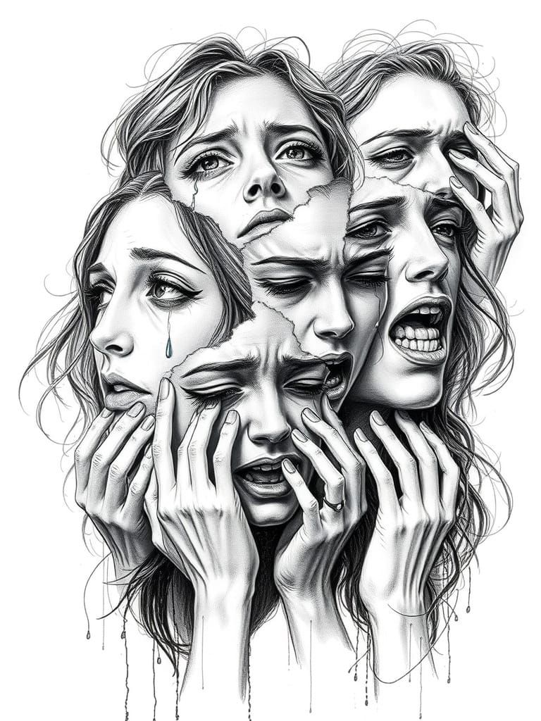 Surreal Fragmented Faces in Emotional Turmoil