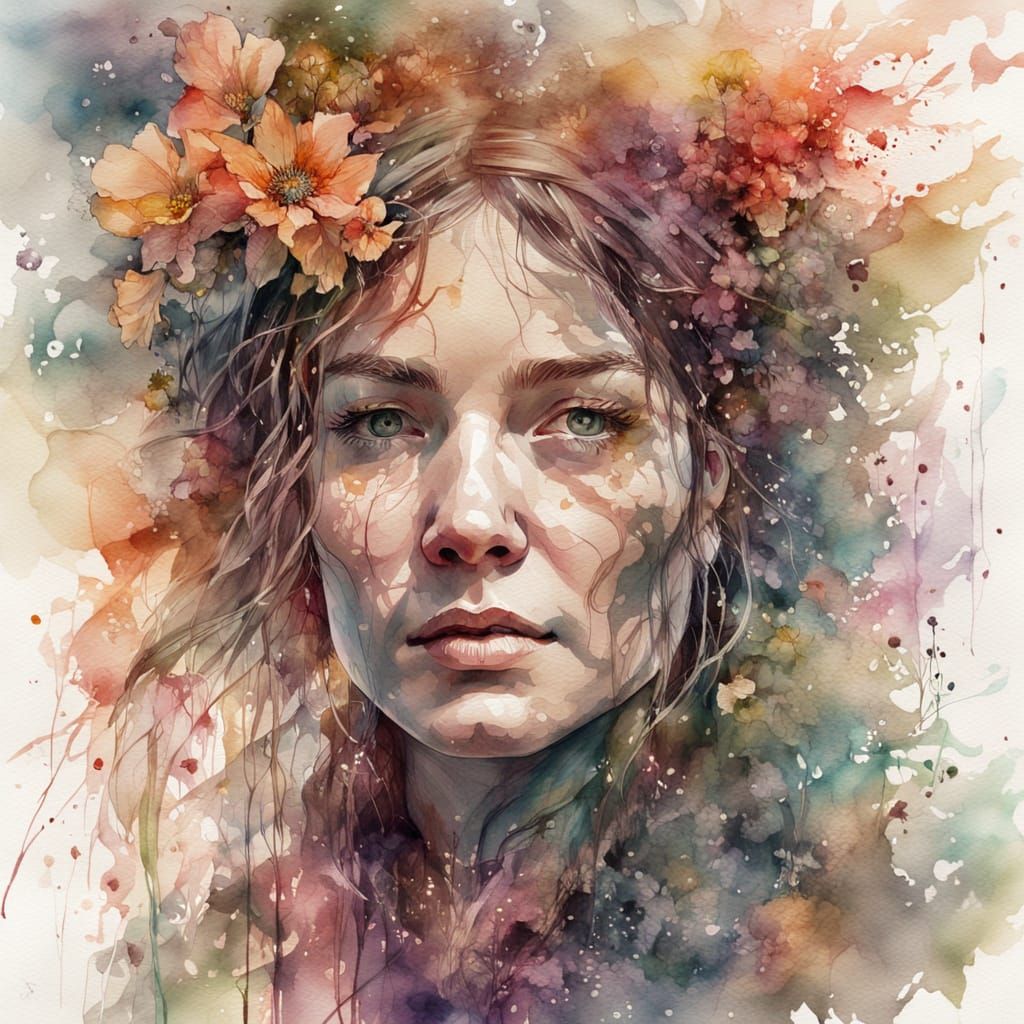 Watercolor Portrait of a Witch with Floral Accents