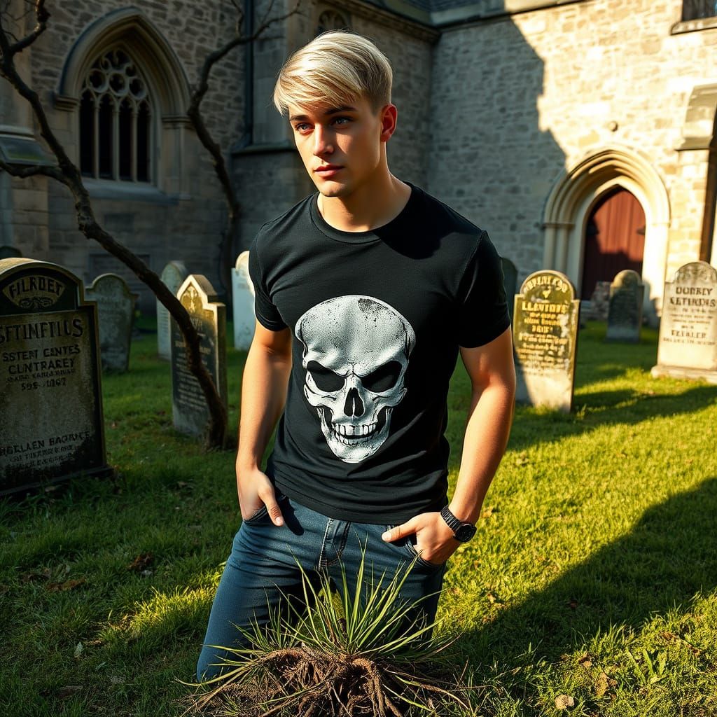 Man Contemplates Roots Breaking Through Churchyard Grass