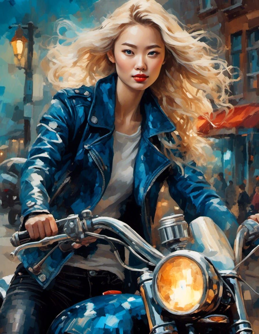 Alcohol ink of beautiful American-Korean woman with striking blue eyes and blonde hair wearing a leather coat and jeans ...