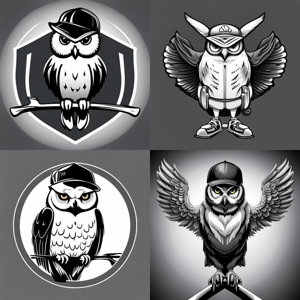 Owl with Broken Wing Vector Logo in Black and White