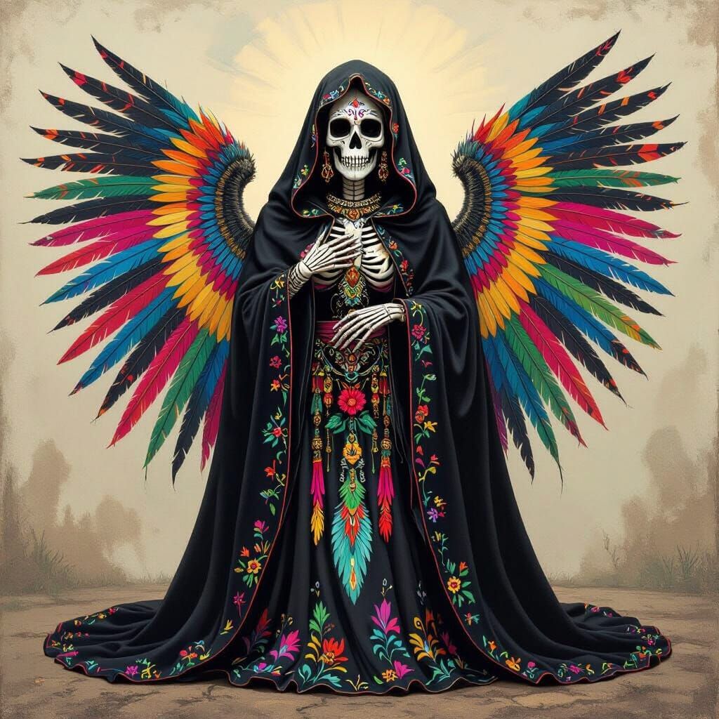 Santa Muerte with Feathers in Folk Art Style