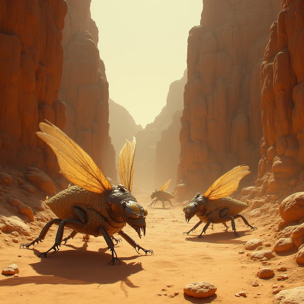 Hyper-Realistic Desert Insects in a Rocky Canyon Landscape