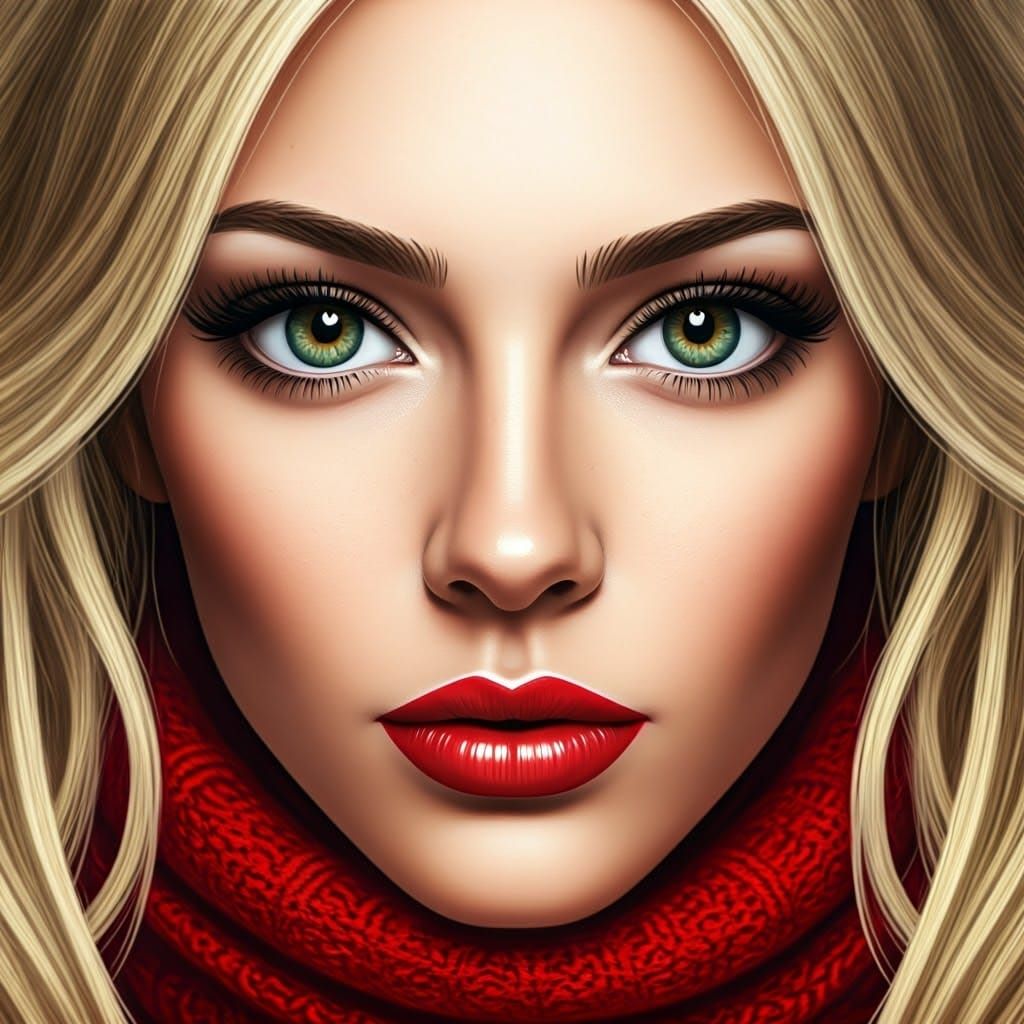 Girl with Green Eyes, Red Lips, and Red Scarf