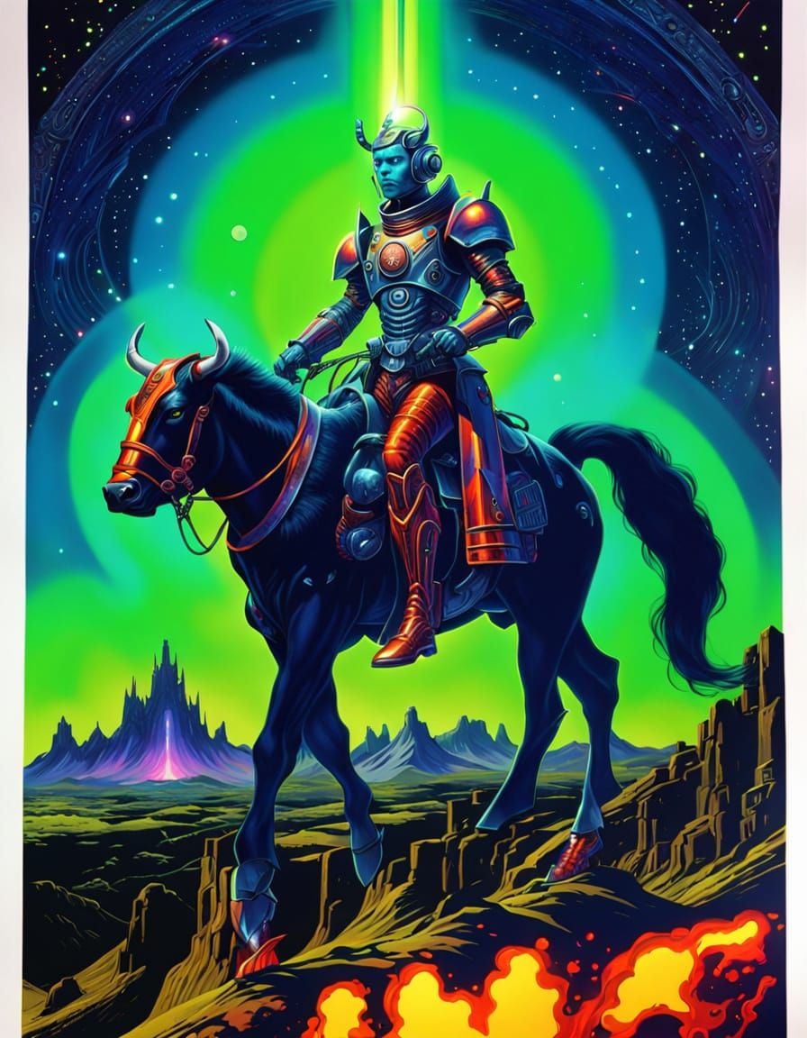 Retro Sci-Fi Cyborg Witch Rides Armored Cow