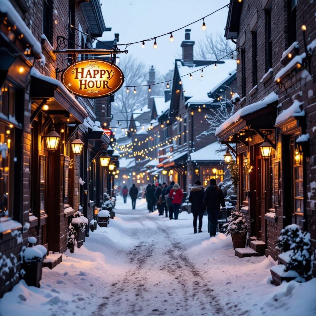 Snowy Town Alleyway Leads to Lively Tavern