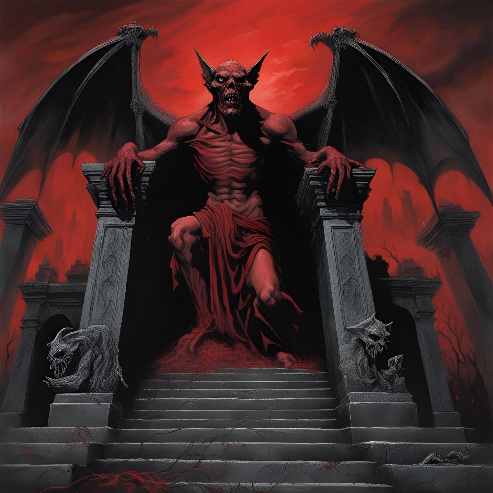 Sinister Gargoyle in Cemetery: Black Metal Horror Art