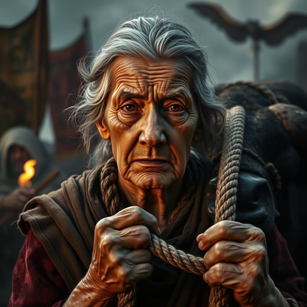 Elderly Woman Gripping Rope with Buffalo, Dark Heroic Atmosp...