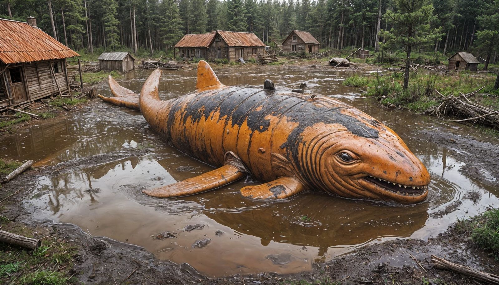 Orange Whale in Muddy Village with Forest Backdrop