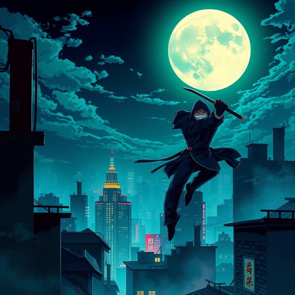 Ninja Leaps Across Moonlit Cyberpunk Cityscape
