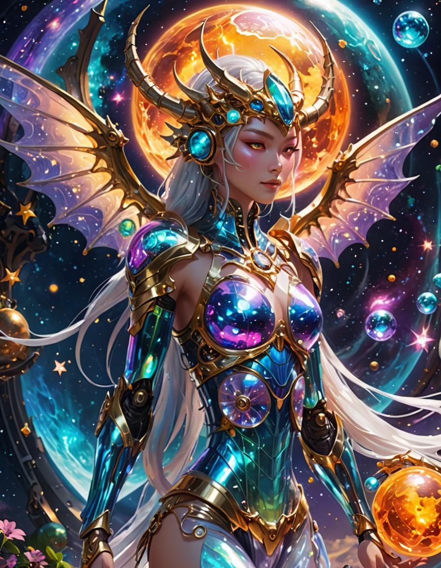 Iridescent Dragon Girl in Cosmic Anime Style