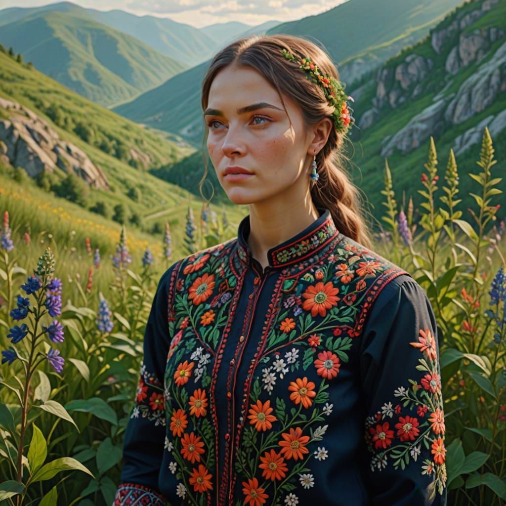 Girl in Embroidered Shirt in Carpathian Mountains