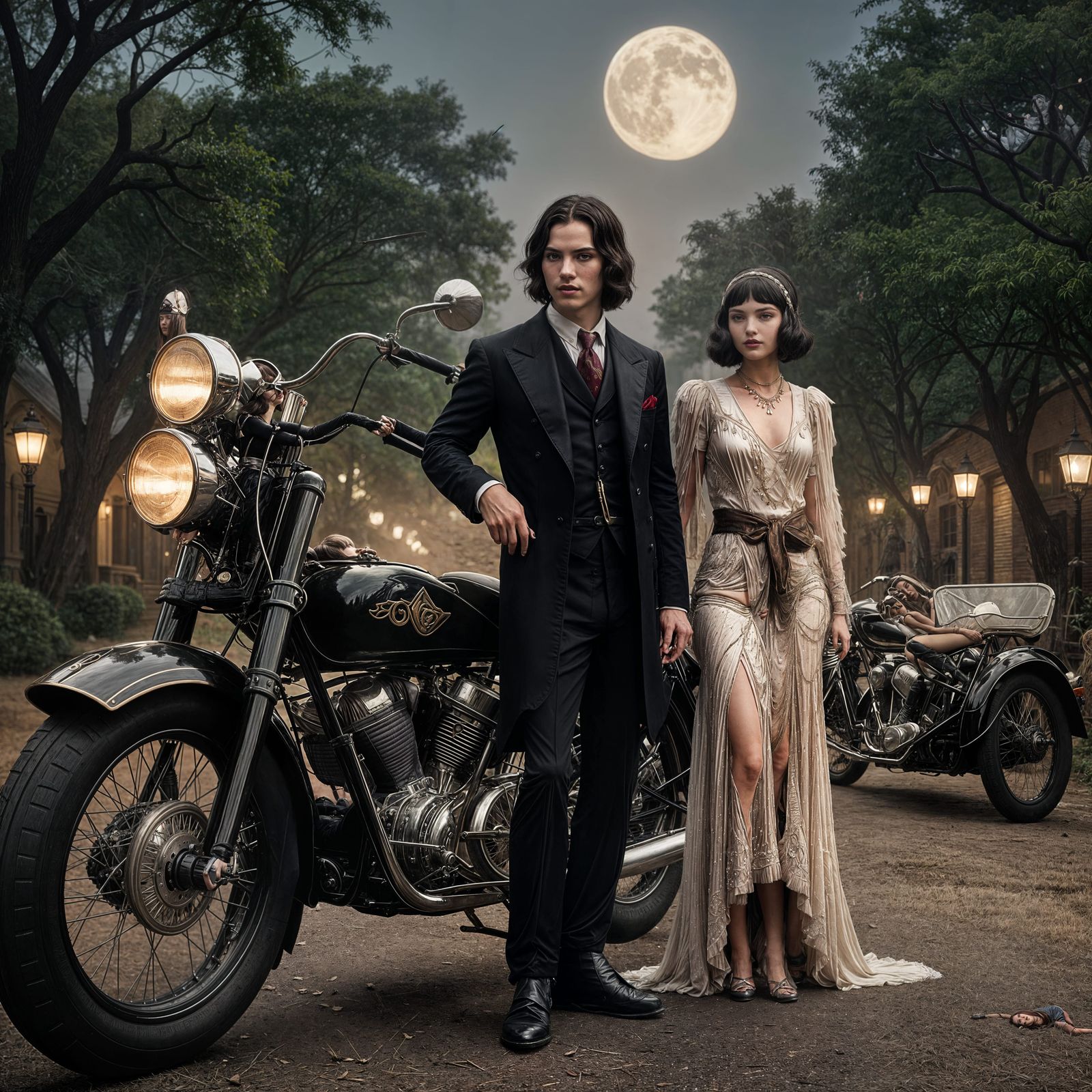 Vampire Twins in 1920s Style with Motorcycle