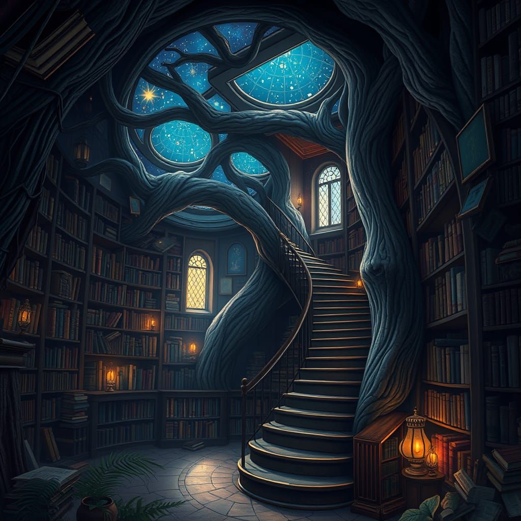 Mystical Tree Library: A Celestial Haven of Ancient Tomes