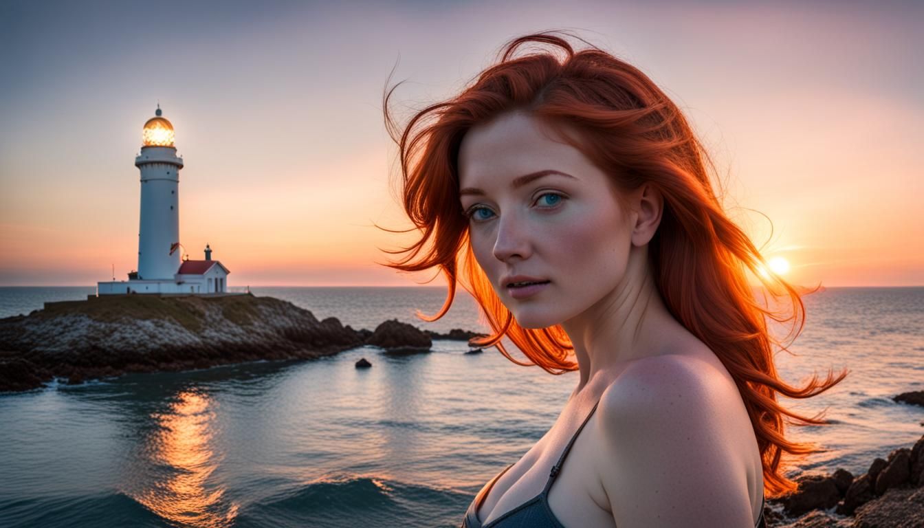 Bioluminescent Redhead by the Sea at Sunset