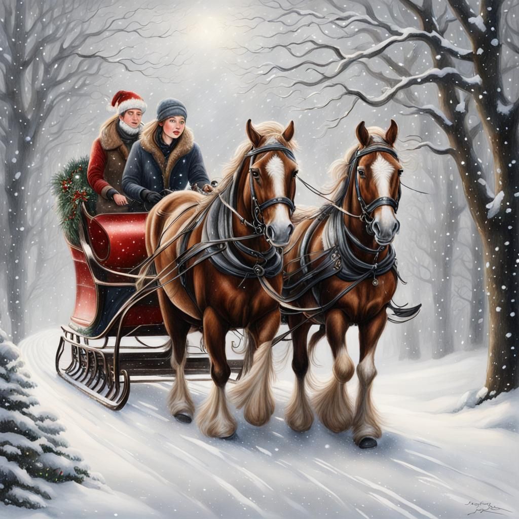 Hyperrealistic Christmas Sleigh Ride in Falling Snow
