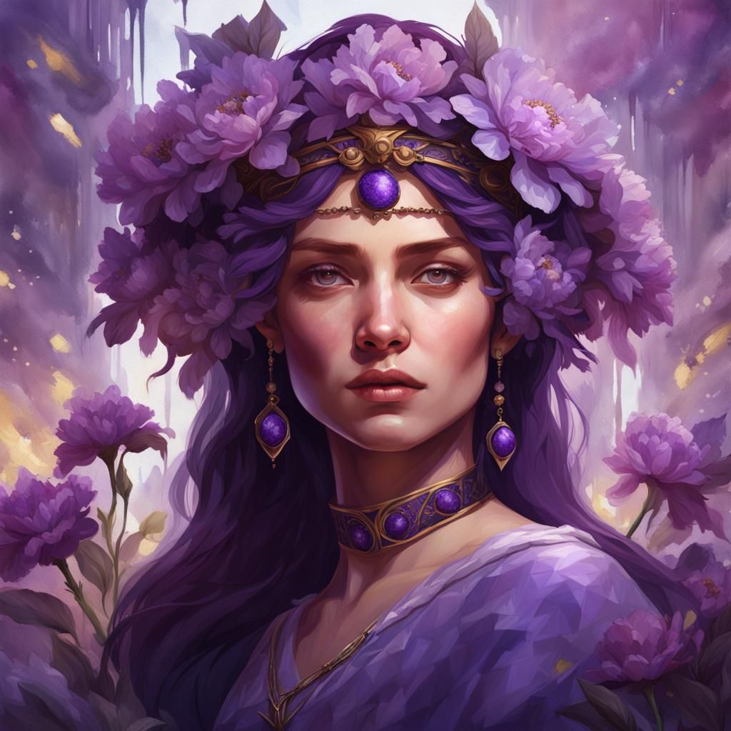Woman with Purple Flowers, Detailed Portrait