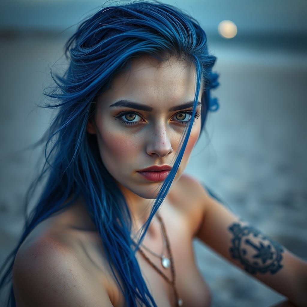 Enchanting Fairy Portrait with Black Eyes on Beach