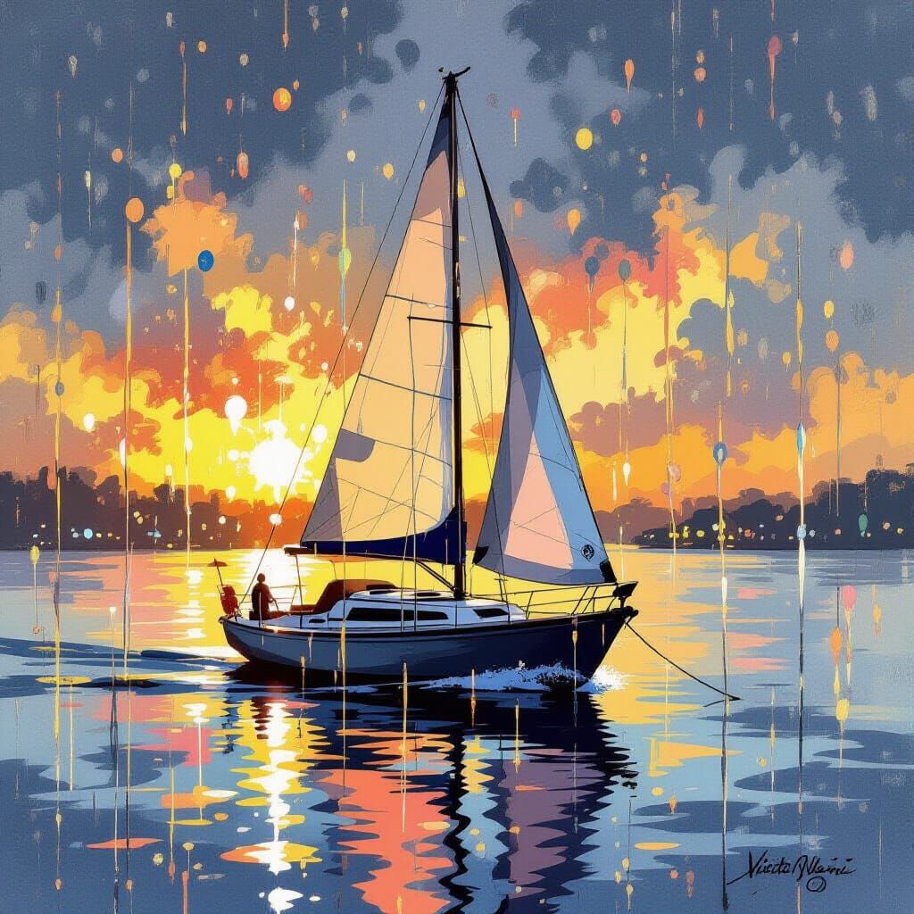 Sailboat Silhouette on Window in Gouache Style