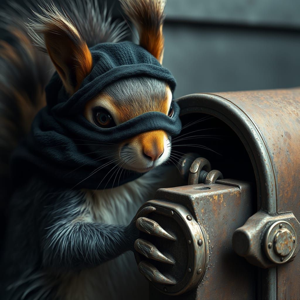 Squirrel Burglar Cracking Safe in Photorealistic Style