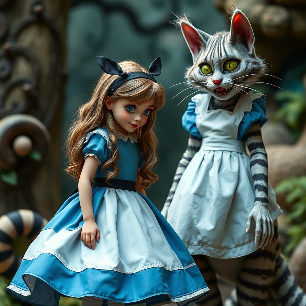 Alice in Wonderland and Cheshire Cat: Realistic Scene