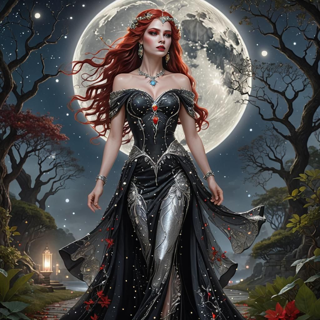 Gemstone Goddess in Moonlit Forest, Fantasy Art