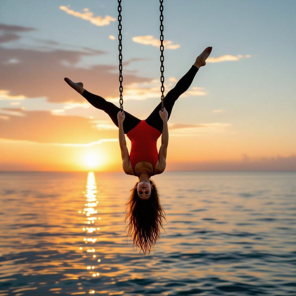 Aerial Acrobat Suspended Over Water at Sunset