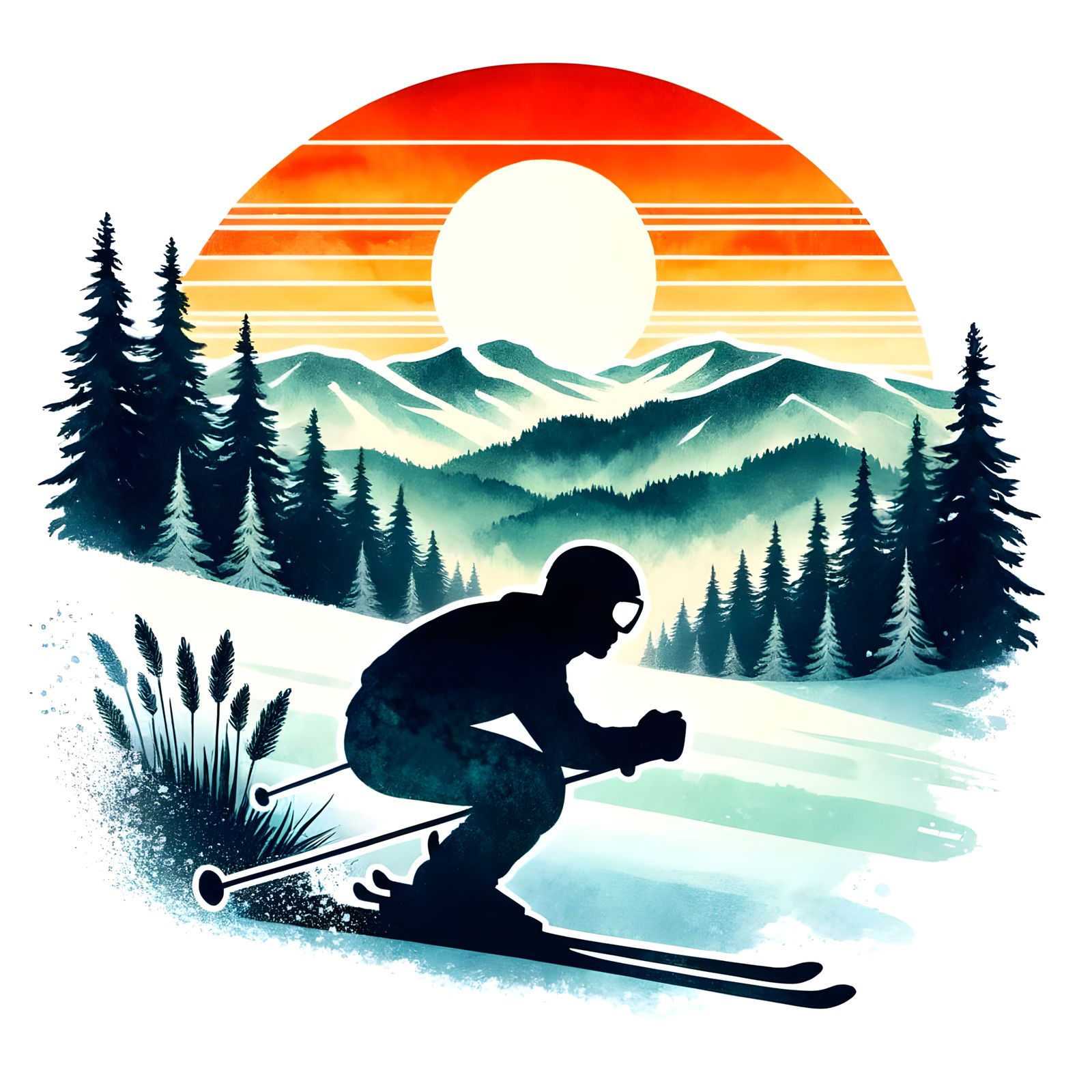 Winter Skier Silhouette with Mountain Scene