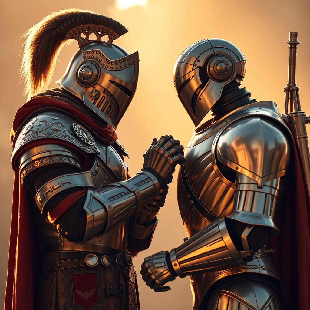 Knight and Robot Camaraderie with Jetpack, Golden Lighting