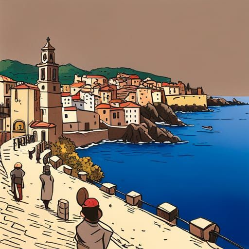 Collioure View in Hergé's Ligne Claire Style