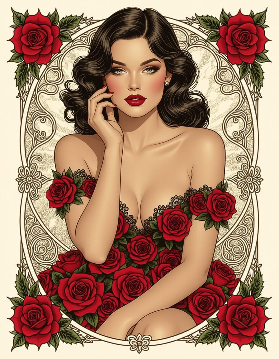 Pencil Sketch of Woman's Face, Lips, Legs, Shoulders with Ro...