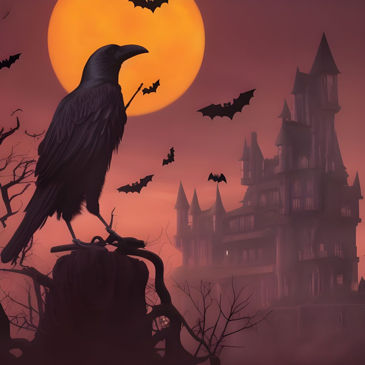Crow on Halloween Night in Digital Painting Style